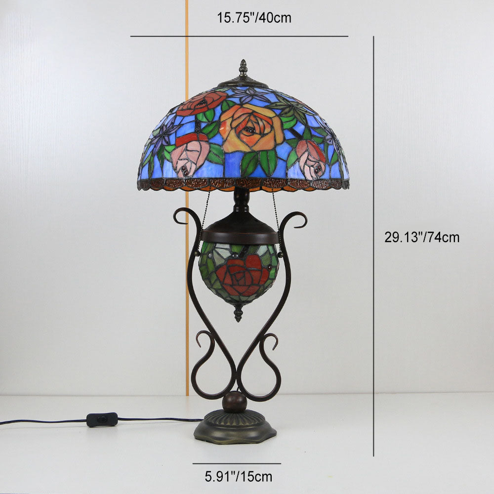 Tiffany European Vintage Floral Stained Glass Round Pot 3-Light Table Lamp