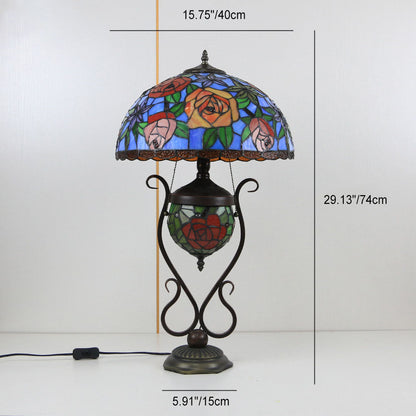 Tiffany European Vintage Floral Stained Glass Round Pot 3-Light Table Lamp