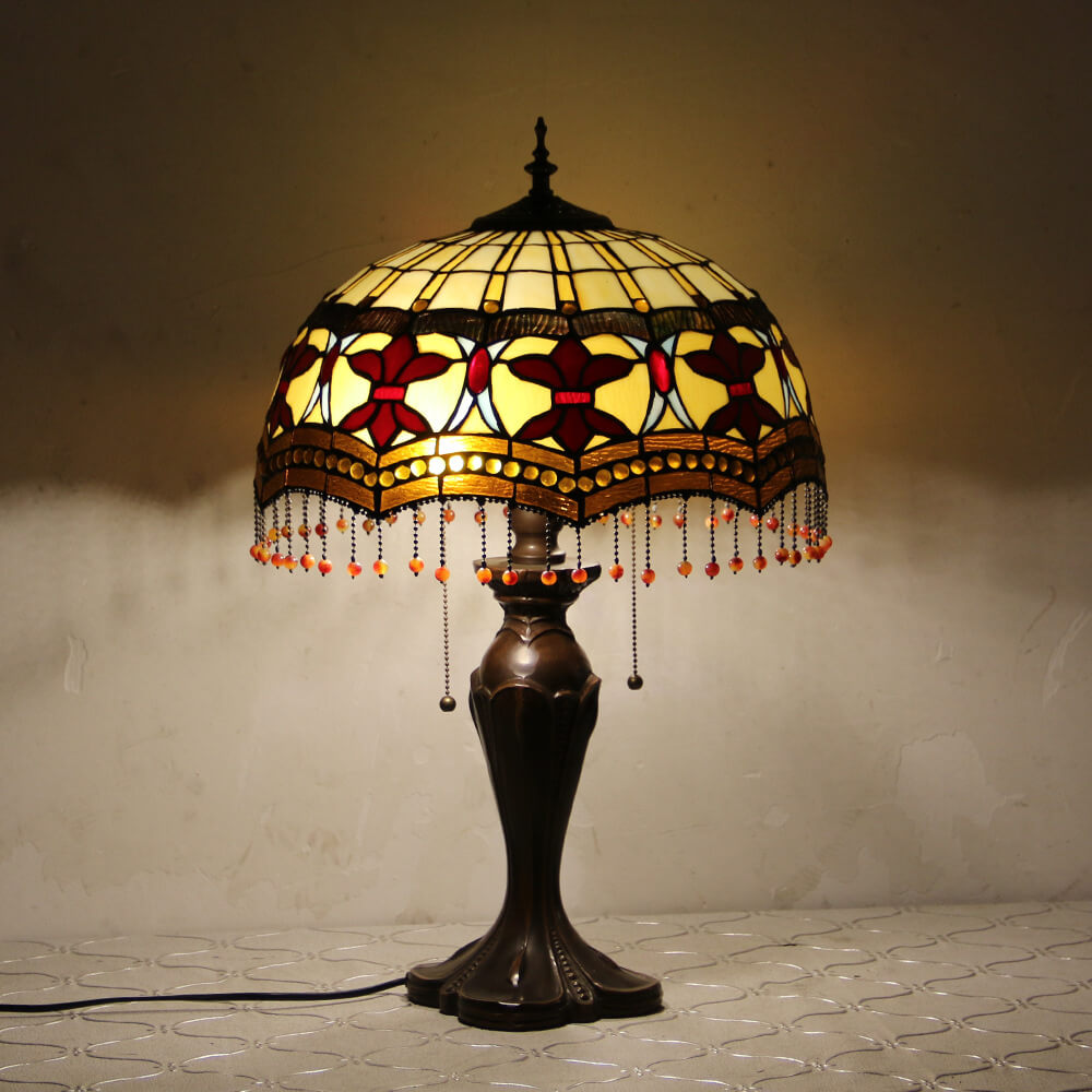 Tiffany European Retro Flowers Stained Glass Pull Cord 1-Light Table Lamp
