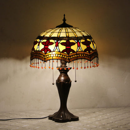 Tiffany European Retro Flowers Stained Glass Pull Cord 1-Light Table Lamp