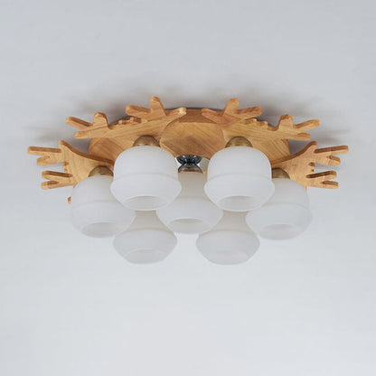 Nordic Solid Wood Antler Frosted Glass Round Shade 3/5/7 Light Flush Mount Ceiling Light