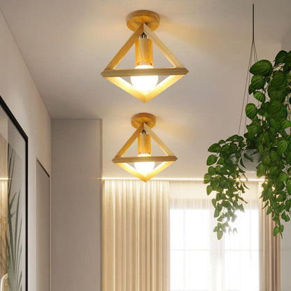 Japanese Minimalist Log Hollow Geometric Cube 1-Light Semi-Flush Mount Ceiling Light