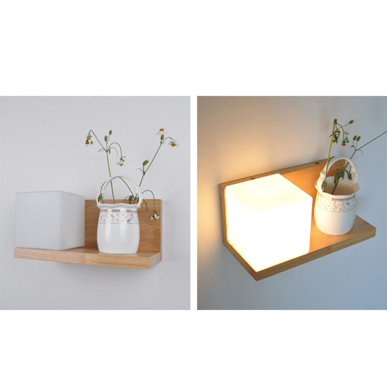 Japanese Minimalist Wood Square Glass 1-Light Wall Sconce Lamp