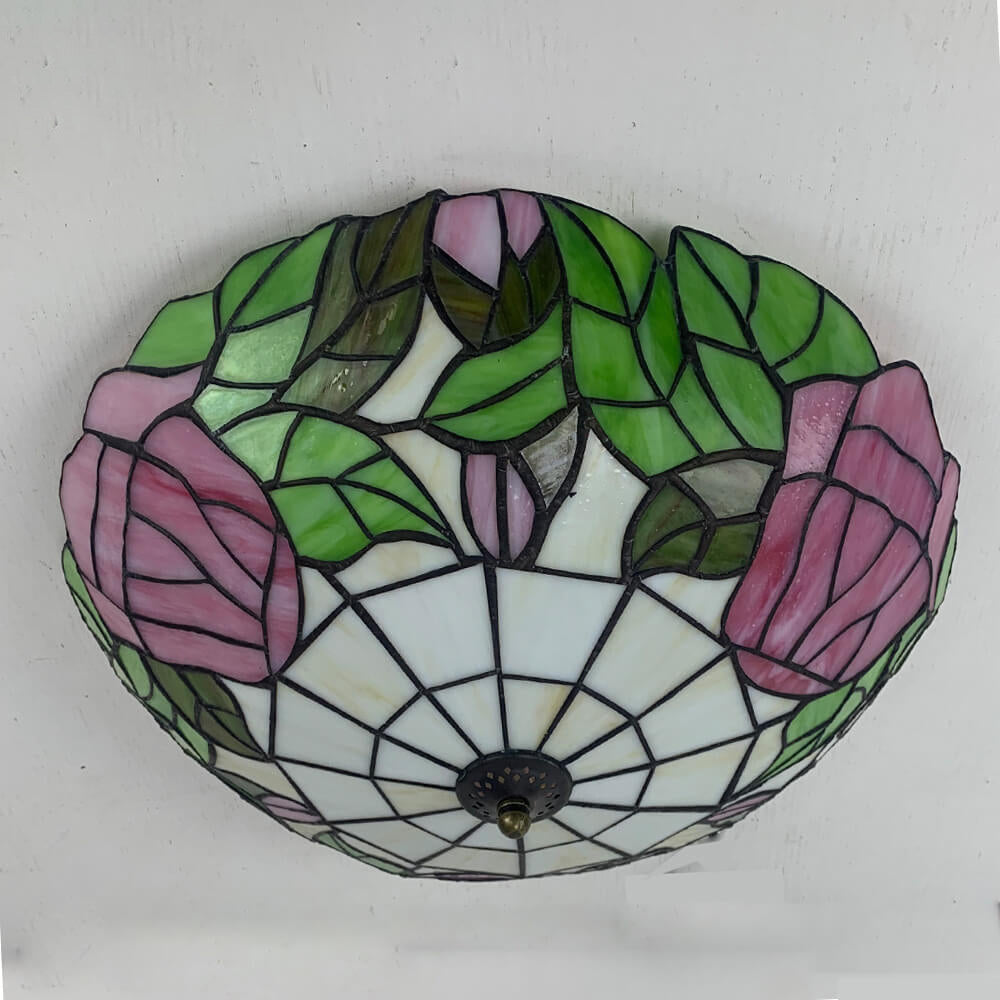 Traditional Tiffany Round Shell Bead Stained Glass 2-Light Flush Mount Ceiling Light For Hallway