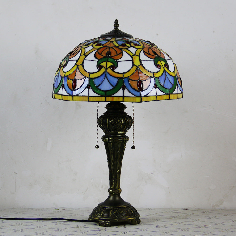 Traditional Tiffany Resin Glass Dome Hemispheric Flower 2-Light Table Lamp For Bedside