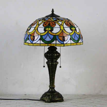 Traditional Tiffany Resin Glass Dome Hemispheric Flower 2-Light Table Lamp For Bedside