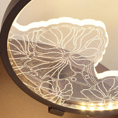 Traditional Chinese Zen Iron Round Frame Acrylic Flower Pattern LED Semi-Flush Mount Ceiling Light For Living Room