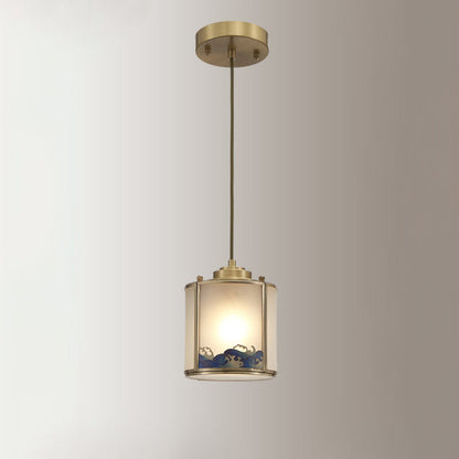 Traditional Chinese Brass Glass Cylinder 1-Light Pendant Light For Living Room