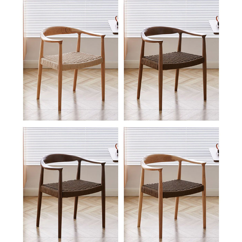Traditional Vintage Braided Rope Wood Legs Square Dining Chair Backrest Armrest For Dining Room