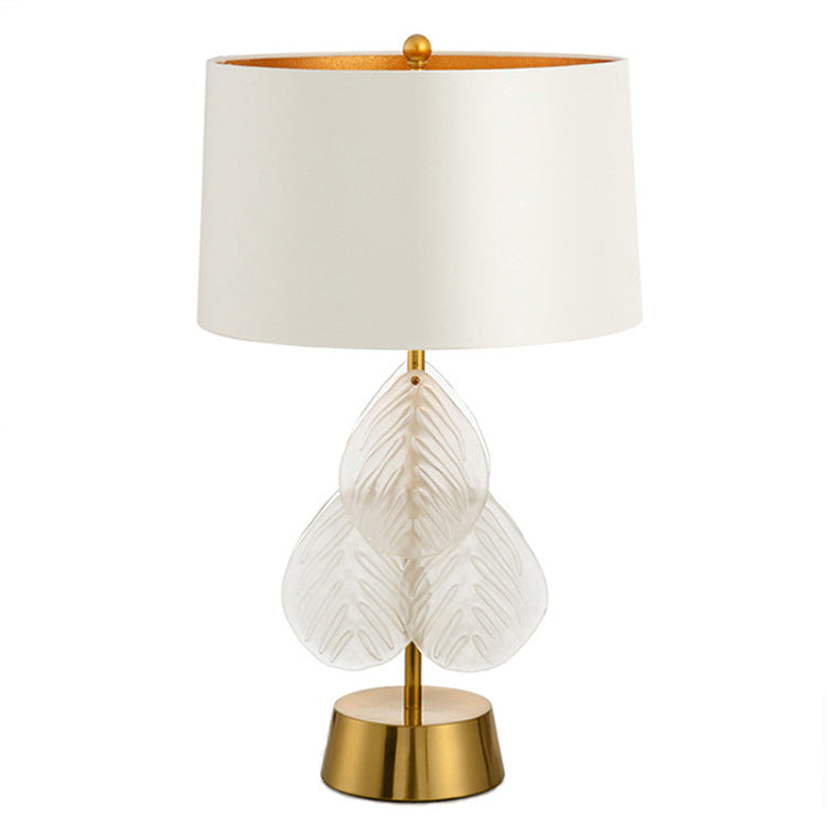 Contemporary Luxury Metal Glass Fabric Cylinder Leave 1-Light Table Lamp For Bedside