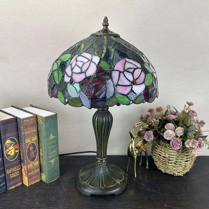 Traditional Tiffany Metal Glass Dome Grape Flower Dragonfly Butterfly 1-Light Table Lamp For Bedside