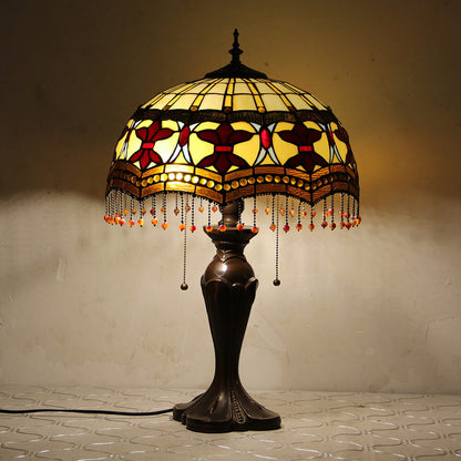 Tiffany European Retro Flowers Stained Glass Pull Cord 1-Light Table Lamp