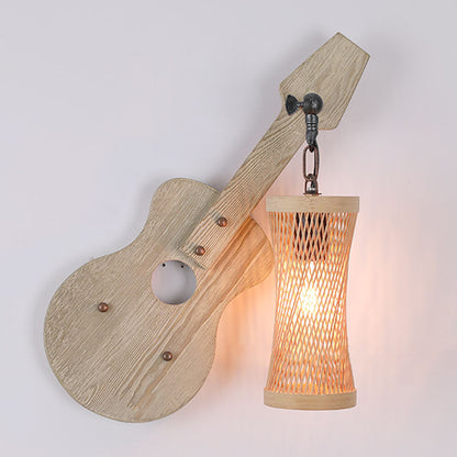 Contemporary Creative Wooden Violin Cylinder Shade 1-Light Wall Sconce Lamp For Dining Room
