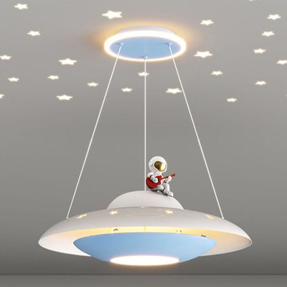 Modern Art Deco Kids Iron Acrylic UFO Spaceship Astronaut Round LED Pendant Light For Bedroom