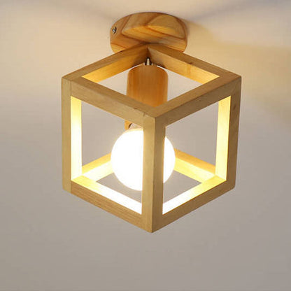 Japanese Minimalist Log Hollow Geometric Cube 1-Light Semi-Flush Mount Ceiling Light