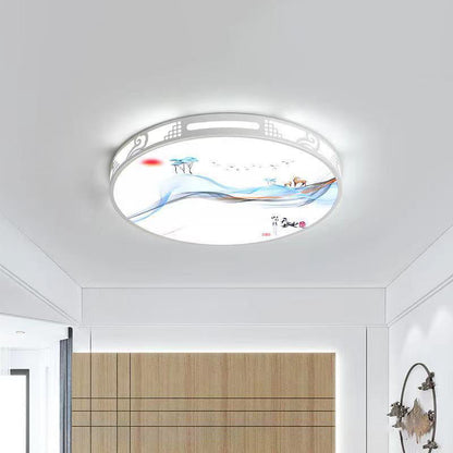 Traditional Chinese Iron Acrylic Round Square Rectangular Landscape Painting LED Flush Mount Ceiling Light For Living Room