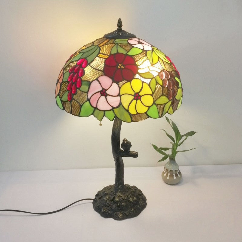 Traditional Tiffany Flower Stained Glass Resin Base 2-Light Table Lamp For Living Room