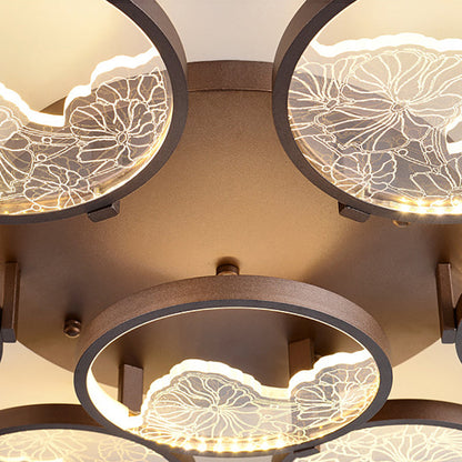 Traditional Chinese Zen Iron Round Frame Acrylic Flower Pattern LED Semi-Flush Mount Ceiling Light For Living Room