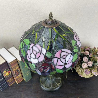 Traditional Tiffany Metal Glass Dome Grape Flower Dragonfly Butterfly 1-Light Table Lamp For Bedside