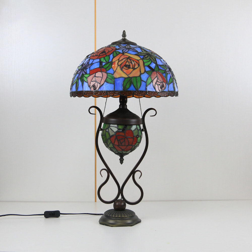 Tiffany European Vintage Floral Stained Glass Round Pot 3-Light Table Lamp