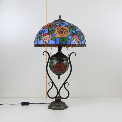 Tiffany European Vintage Floral Stained Glass Round Pot 3-Light Table Lamp