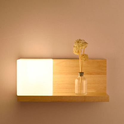 Japanese Minimalist Wood Square Glass 1-Light Wall Sconce Lamp