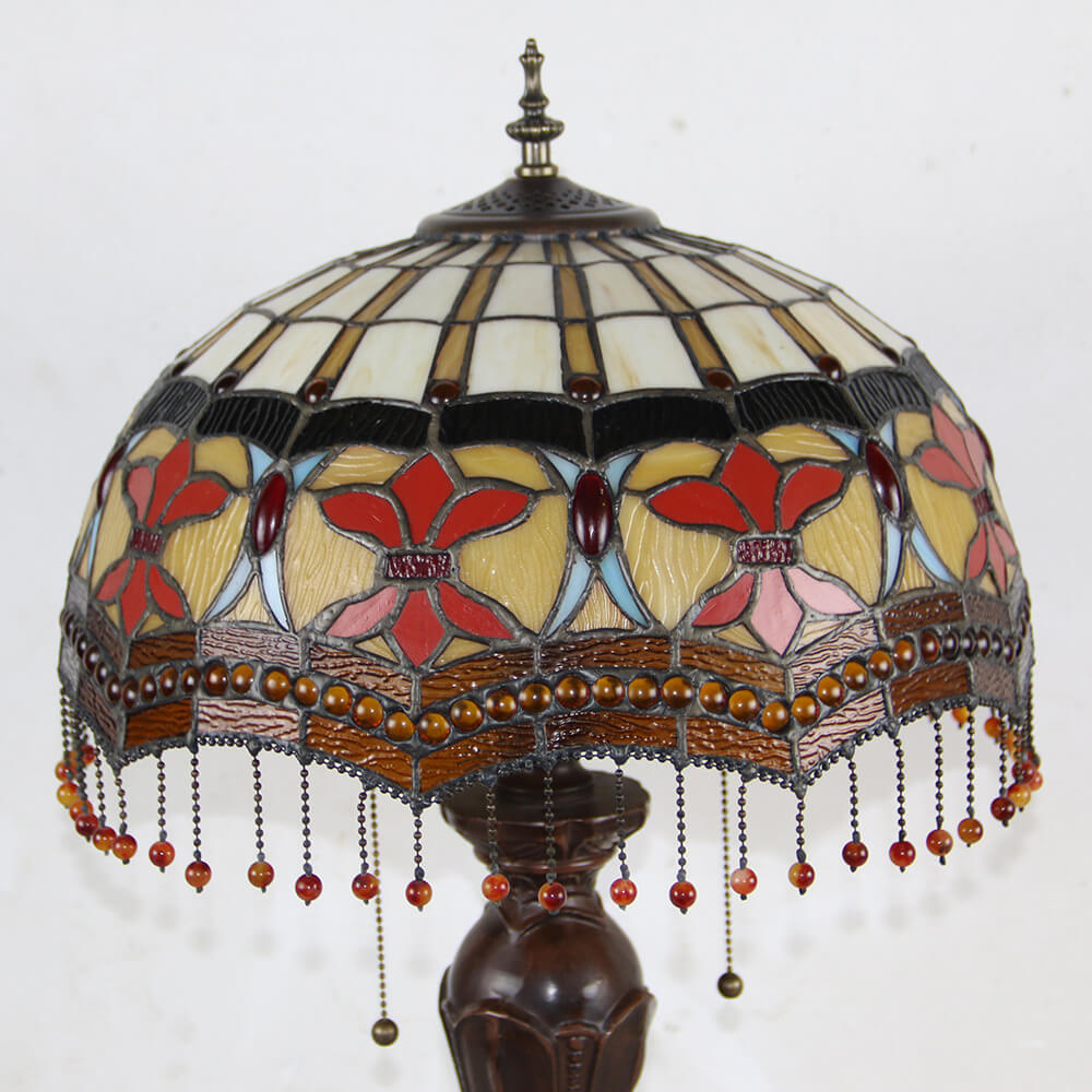 Tiffany European Retro Flowers Stained Glass Pull Cord 1-Light Table Lamp