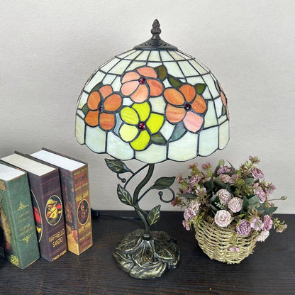 Traditional Tiffany Resin Glass Dome Conic Flower Leaf 1-Light Table Lamp For Bedside