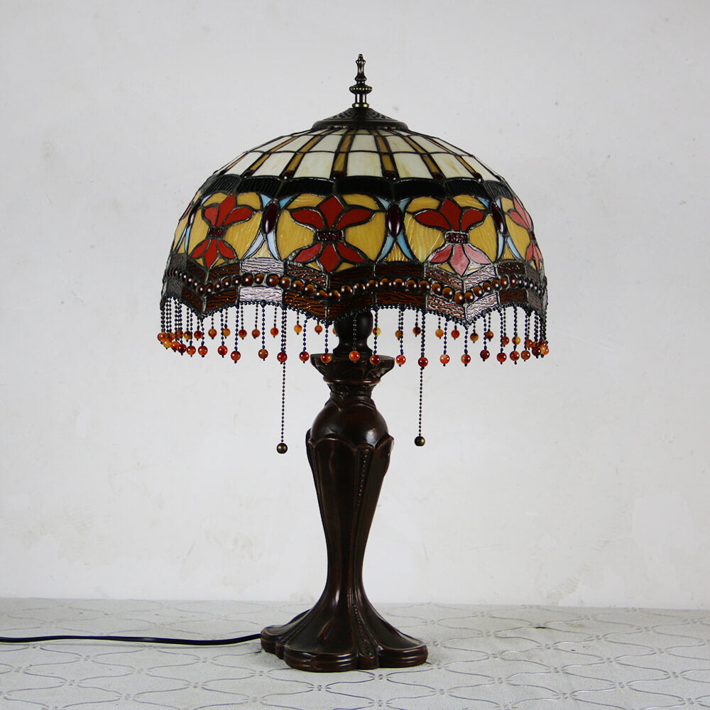 Tiffany European Retro Flowers Stained Glass Pull Cord 1-Light Table Lamp