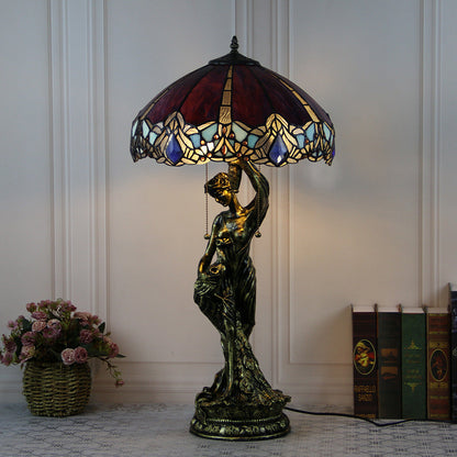 Traditional Tiffany Resin Glass Dome Grape Cow Diamond Pretty Woman Base 2-Light Table Lamp For Bedside