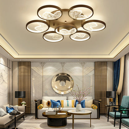 Traditional Chinese Zen Iron Round Frame Acrylic Flower Pattern LED Semi-Flush Mount Ceiling Light For Living Room