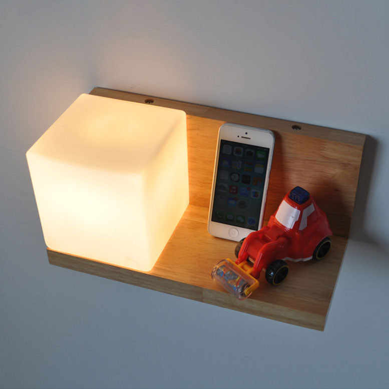 Japanese Minimalist Wood Square Glass 1-Light Wall Sconce Lamp