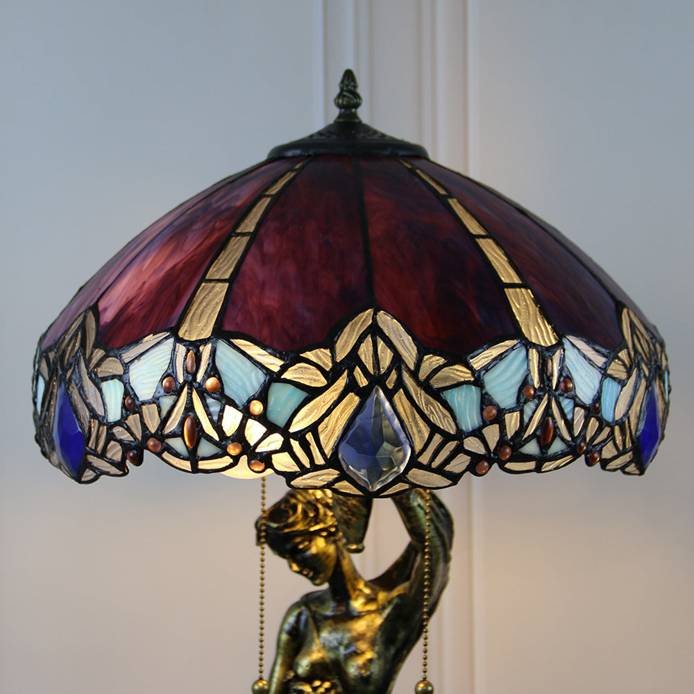 Traditional Tiffany Resin Glass Dome Grape Cow Diamond Pretty Woman Base 2-Light Table Lamp For Bedside