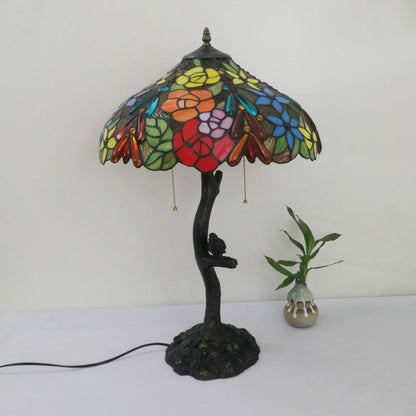 Traditional Tiffany Flower Stained Glass Resin Base 2-Light Table Lamp For Living Room