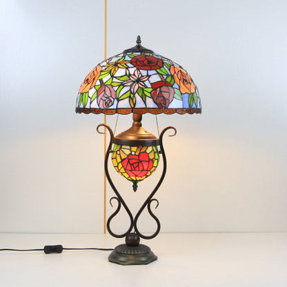 Tiffany European Vintage Floral Stained Glass Round Pot 3-Light Table Lamp