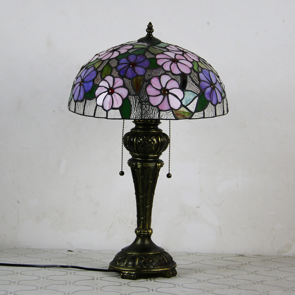 Traditional Tiffany Resin Glass Dome Hemispheric Flower 2-Light Table Lamp For Bedside