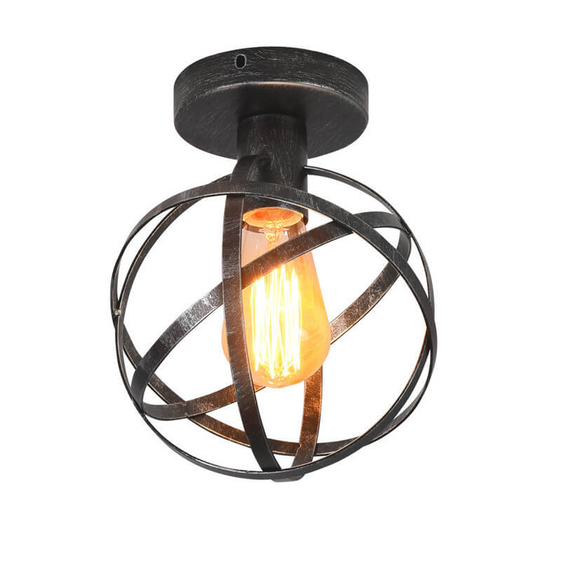 Vintage Wrought Iron Spherical  Cage 1-Light Semi-Flush Mount Ceiling Light