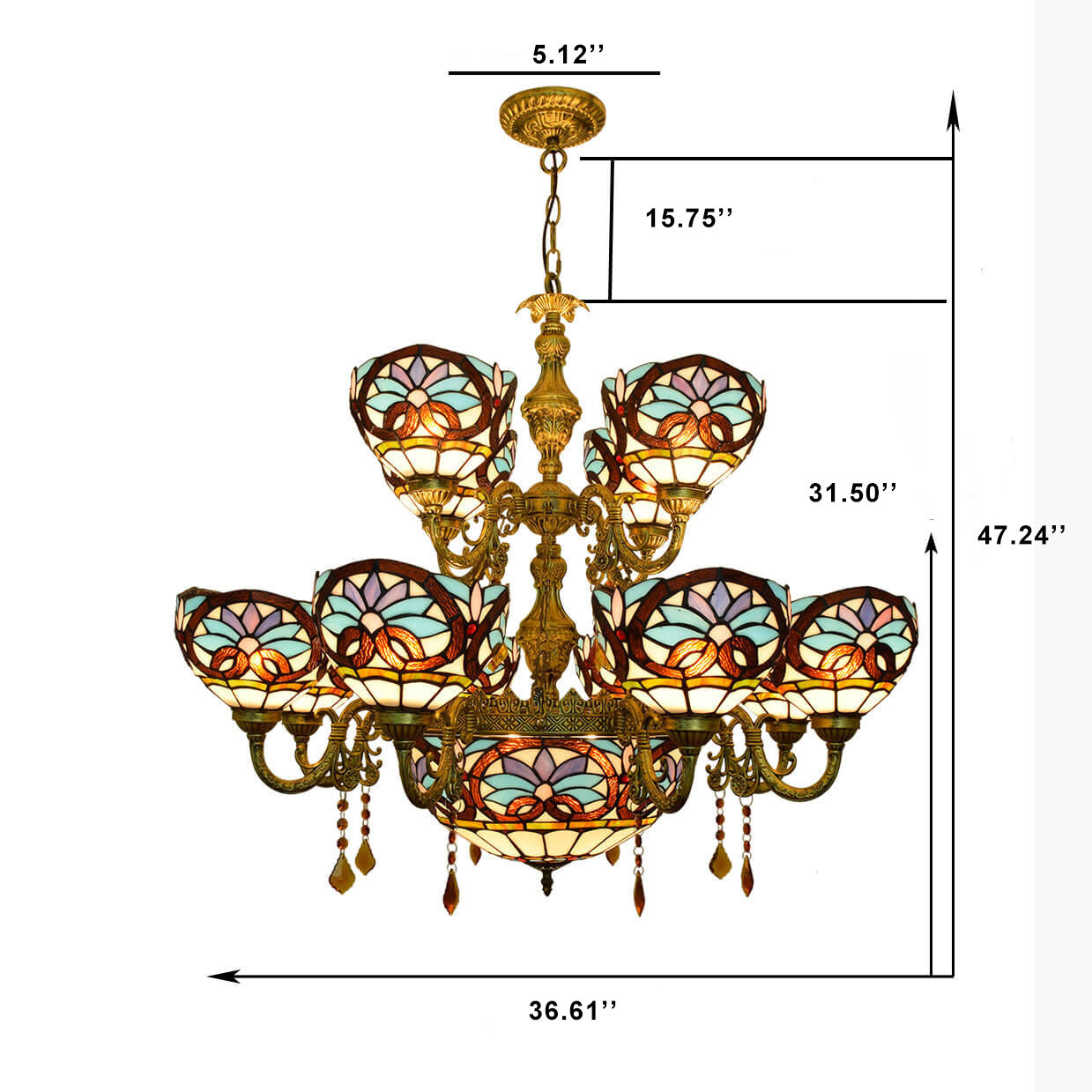 European Style Tiffany Love Baroque Stained Glass 15-Light Chandelier