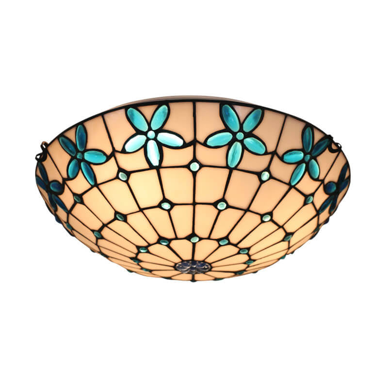 Tiffany Stained Glass Lilac Flower Bowl Shape 3/4 Light Flush Mount Ceiling Light