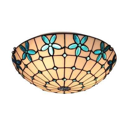 Tiffany Stained Glass Lilac Flower Bowl Shape 3/4 Light Flush Mount Ceiling Light