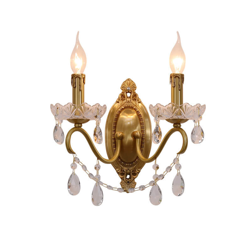 French Vintage Brass Crystal Candle Shade 1/2 Light Wall Sconce