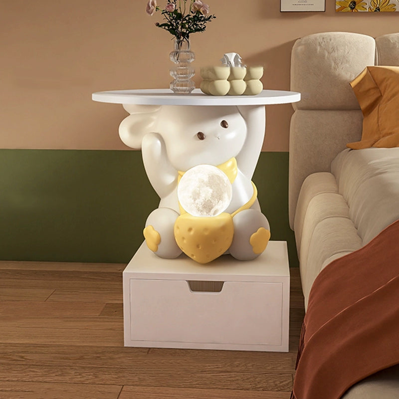 Modern Art Deco Kids Rabbit Round Plate Rectangular Drawer Resin Wood Enamel End Table 1-Drawer With LED Light For Bedroom