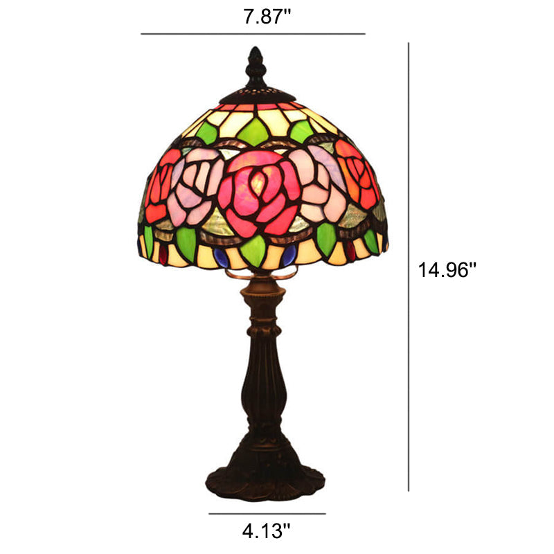Retro Tiffany Flowering Rose Stained Glass 1-Light Table Lamp