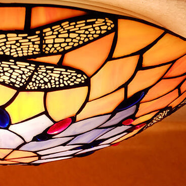European Tiffany Orange Dragonfly Glass 2/3 Light Flush Mount Ceiling Light