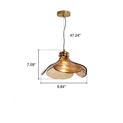 Vintage Amber Glass Floral Brass 1-Light Pendant Light