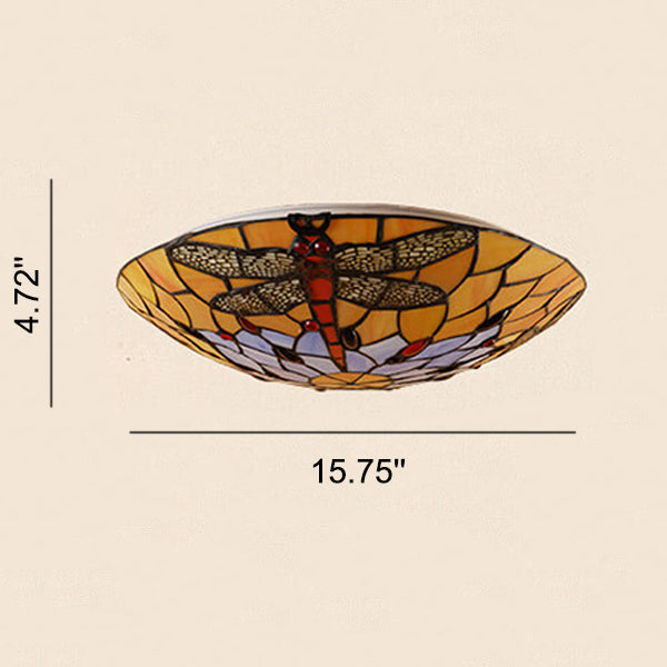 European Tiffany Orange Dragonfly Glass 2/3 Light Flush Mount Ceiling Light