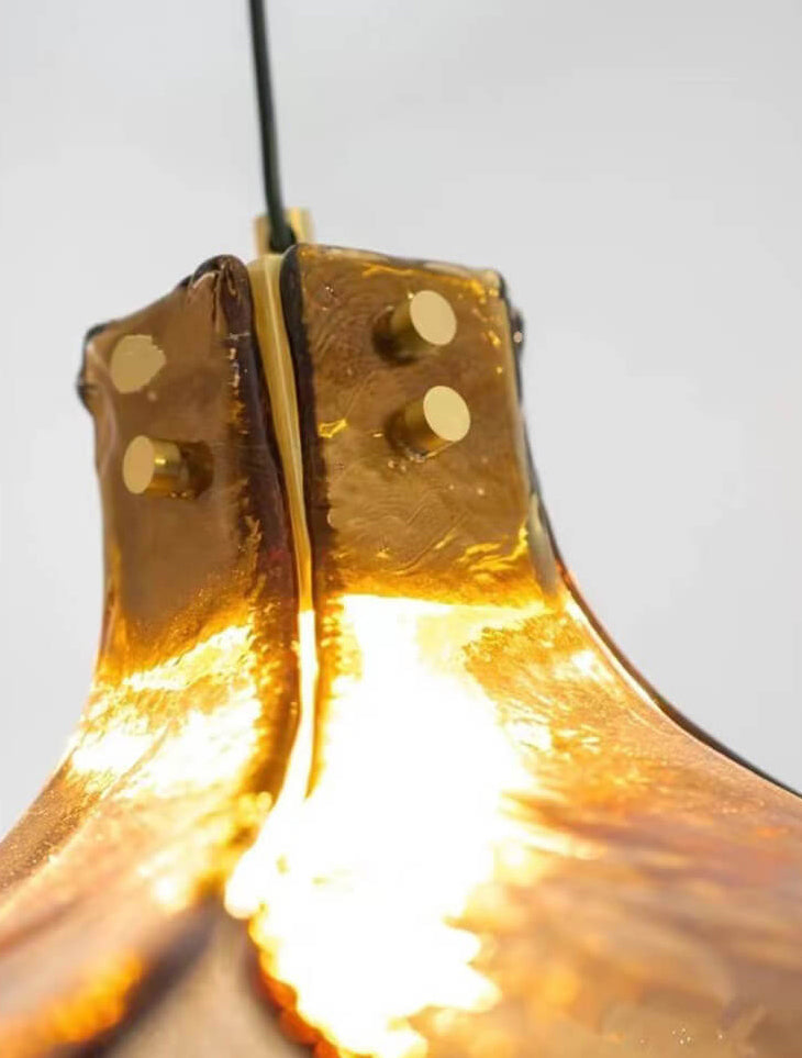 Vintage Amber Glass Floral Brass 1-Light Pendant Light