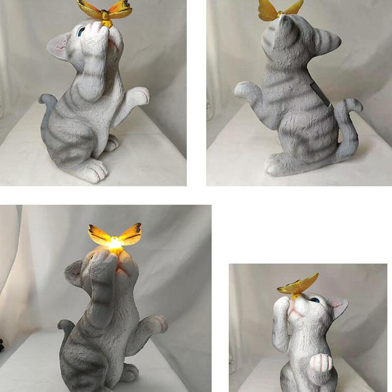 Garden Statue Solar Cat Resin with Butterfly Resin Outdoor Waterproof Decorative LED Night Light