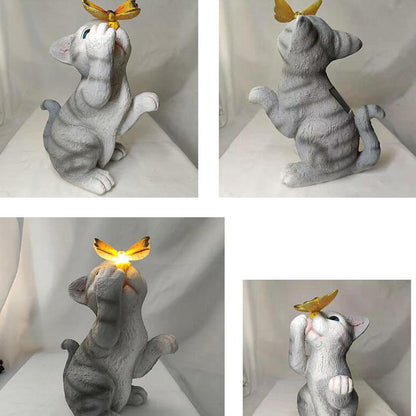 Garden Statue Solar Cat Resin with Butterfly Resin Outdoor Waterproof Decorative LED Night Light