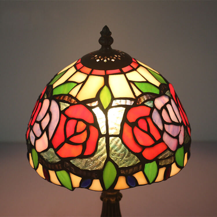 Retro Tiffany Flowering Rose Stained Glass 1-Light Table Lamp